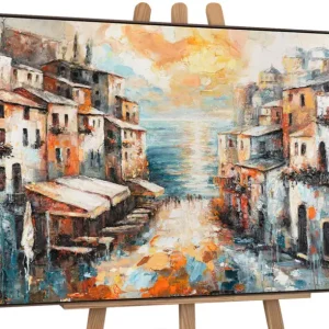 Abstract acryl schilderij met lijst – Moderne wanddecoratie "Stad aan Zee" - 140x100 grijs frame Commander Maintenant