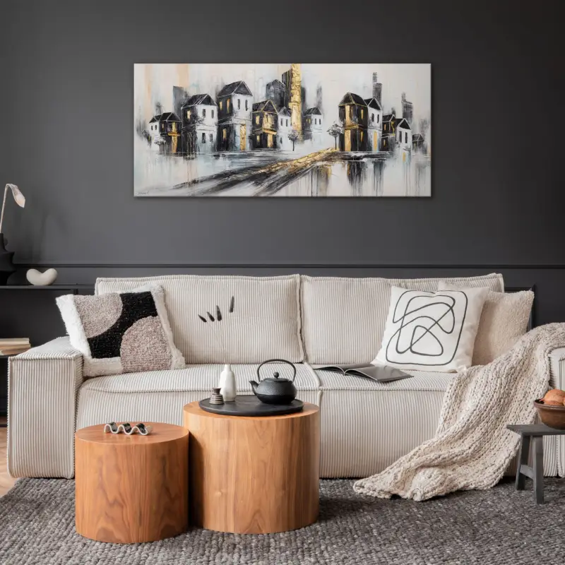 Abstract handgeschilderd acryl schilderij "Golden City" 115x50cm Nouveauté