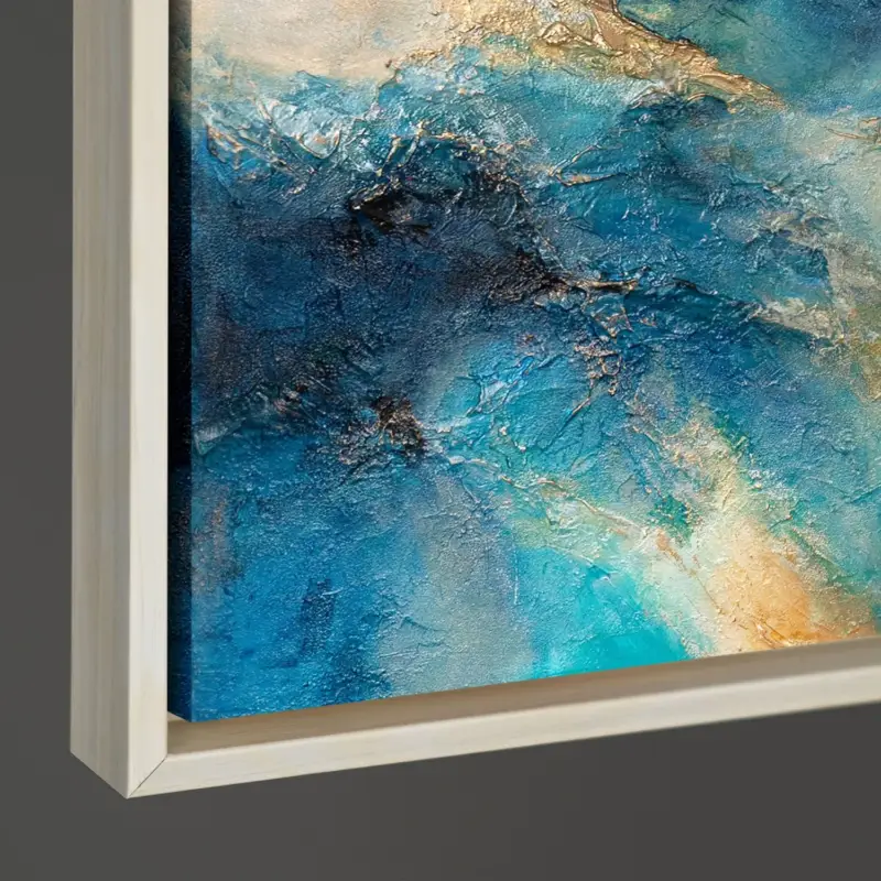 Usine Directe Abstracte kunst op canvas – Maritiem acryl schilderij „Gloed van de Golven” - 140x100 beige lijst