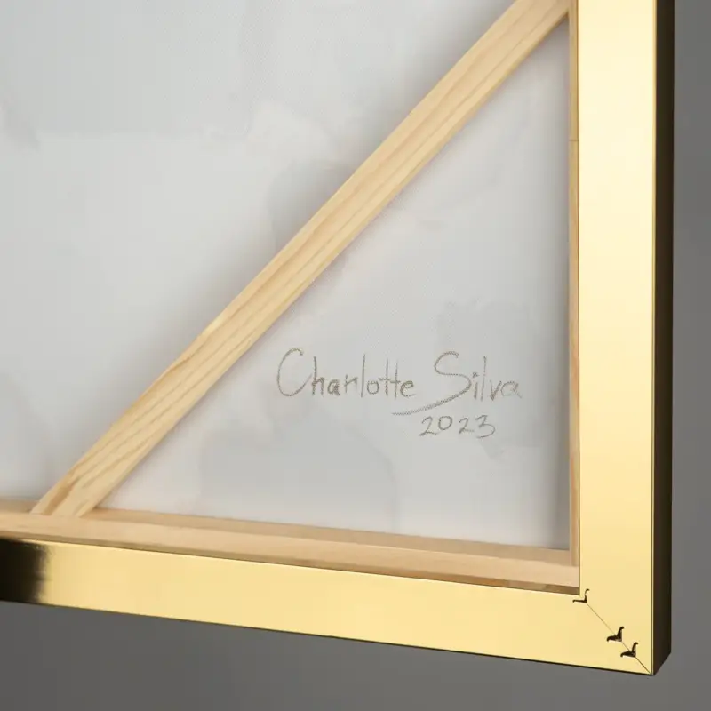 Vente Directe Abstracte kunstfoto's met lijst "Rhythm of Infinity" met textuur van smaragd en goud - 140x100 met gouden lijst