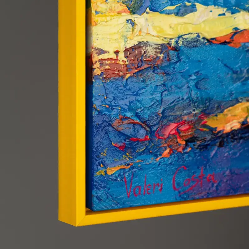 Abstract acryl schilderij op canvas – Handgeschilderde zeilboten bij zonsondergang met lijst Sea Mirage - 100x50 Gelb Rahmen Paiement Sécurisé