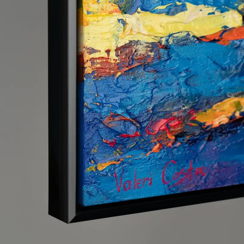 Abstract acryl schilderij op canvas – Handgeschilderde zeilboten bij zonsondergang met lijst Sea Mirage - 120x60 Schwarz Rahmen Prix Bas