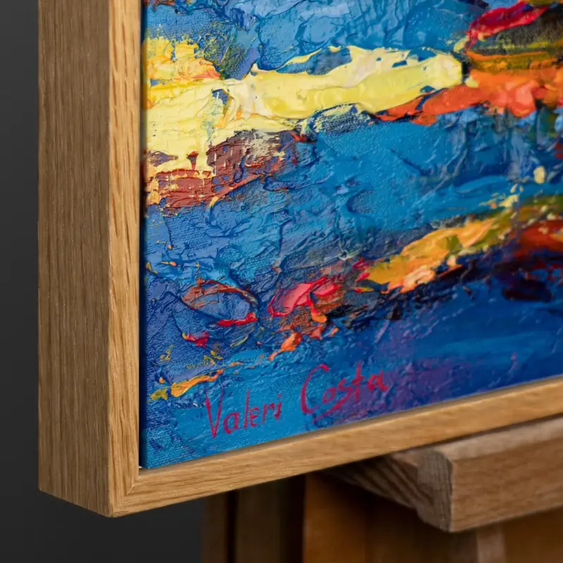 Abstract acryl schilderij op canvas – Handgeschilderde zeilboten bij zonsondergang met lijst Sea Mirage - 120x60 Natur Holz Rahmen Nouvel Arrivage