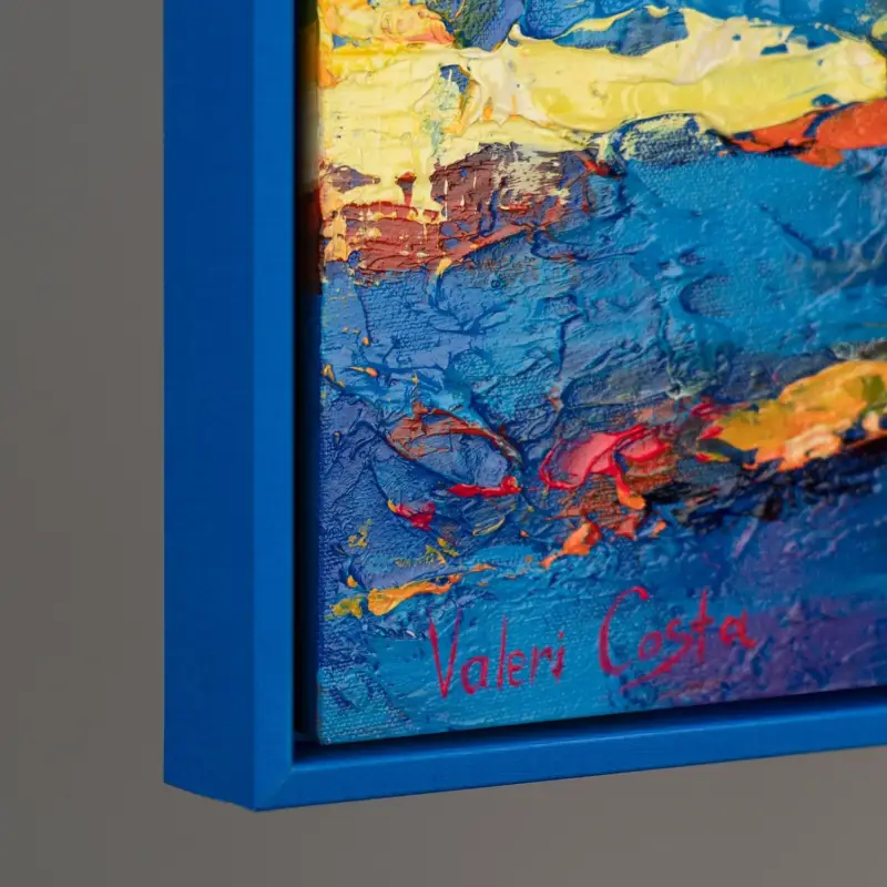 Abstract acryl schilderij op canvas – Handgeschilderde zeilboten bij zonsondergang met lijst Sea Mirage - 160x80 Blau Rahmen Livraison Gratuite