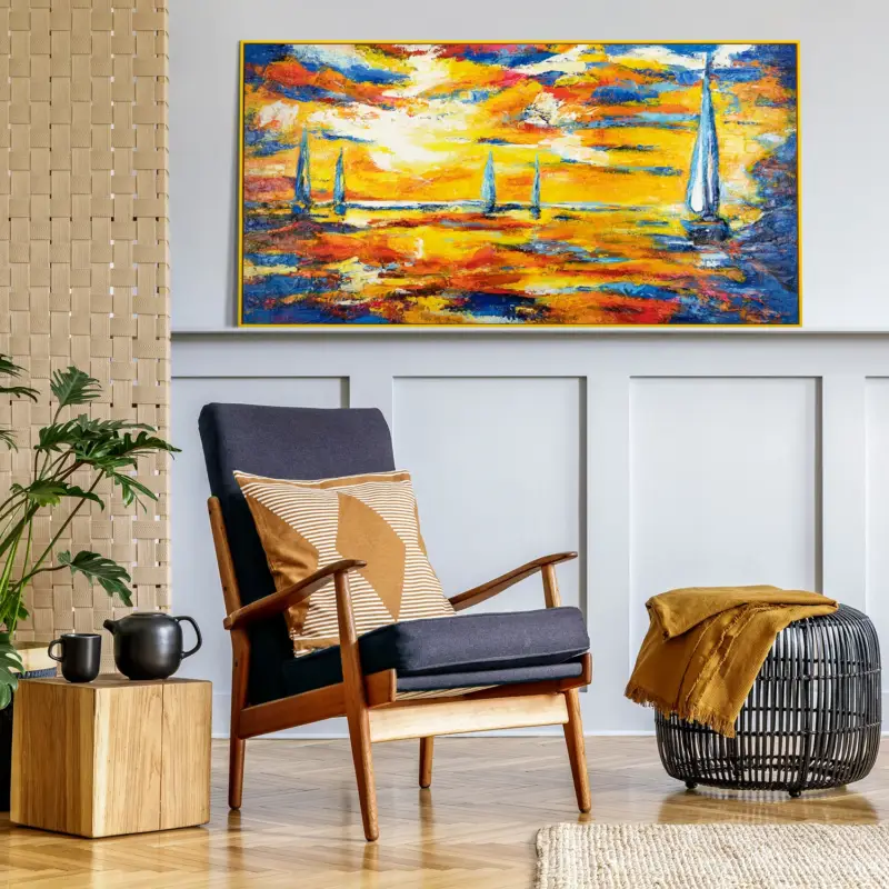 Abstract acryl schilderij op canvas – Handgeschilderde zeilboten bij zonsondergang met lijst Sea Mirage - 200x100-Geel Expédition Rapide