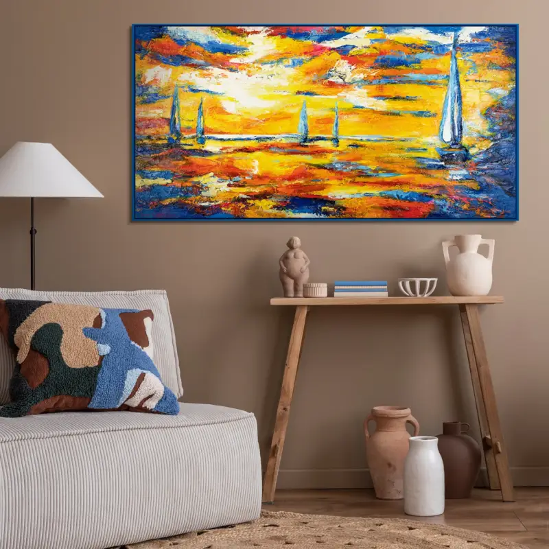 Abstract acryl schilderij op canvas – Handgeschilderde zeilboten bij zonsondergang met lijst Sea Mirage - 200x100-Blauw Achetez Aujourd’hui