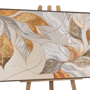 Vente Directe Abstracte acryl schilderijen met bladeren – Moderne wanddecoratie met lijst "Natuurlijke decoratie" - 120x60 beige lijst / Grau Rahmen / Horizontal