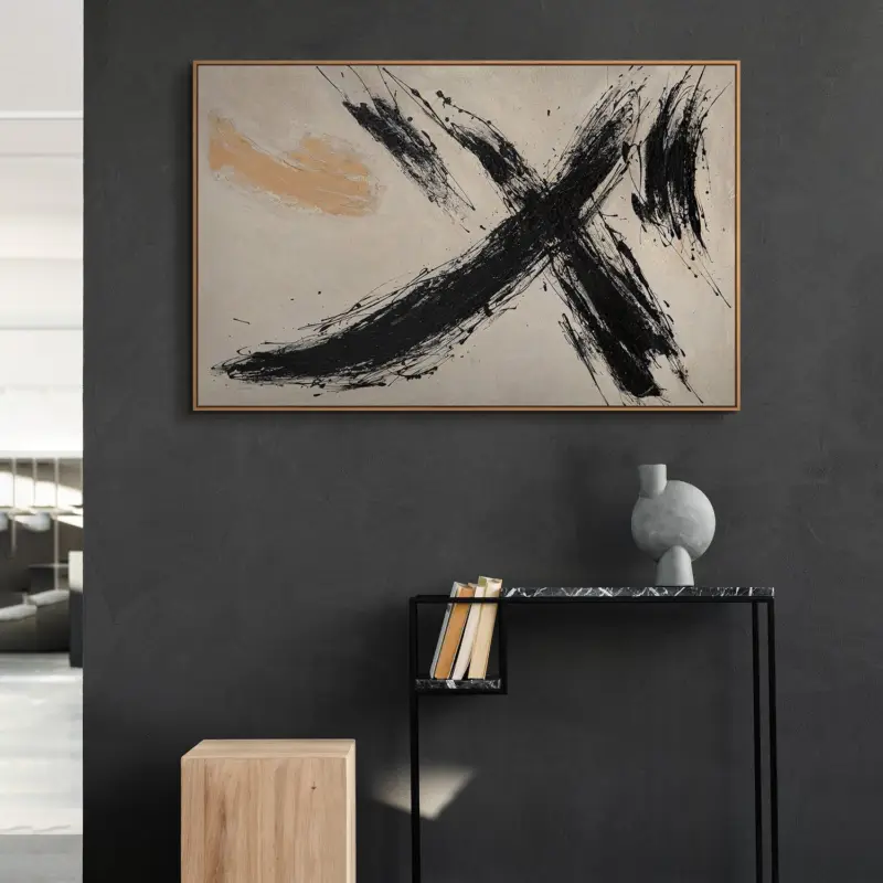 Zwart-Beige Abstract Schilderij – Handgeschilderd Modern Canvas - 140x100 houten frame Nouveauté