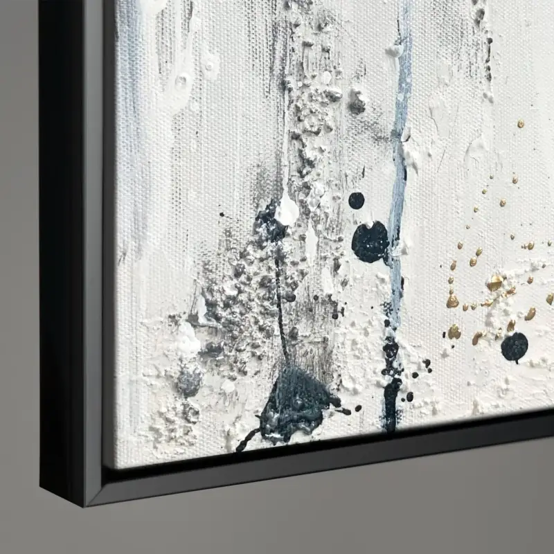 Abstract canvas schilderij met lijst "Energie van Lijnen" – Monochrome kunst met goud - 120x80 Zwarte lijst Offre Du Jour
