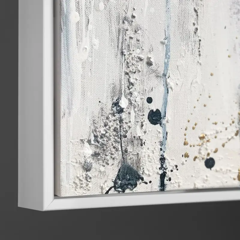 Abstract canvas schilderij met lijst "Energie van Lijnen" – Monochrome kunst met goud - 120x80 Zwarte lijst / Weiß Rahmen / Vertikal Usine Directe