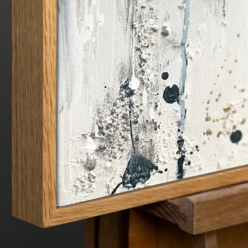 Abstract canvas schilderij met lijst "Energie van Lijnen" – Monochrome kunst met goud - 120x80 Zwarte lijst / Natur Holz Rahmen / Horizontal Dernier Modèle