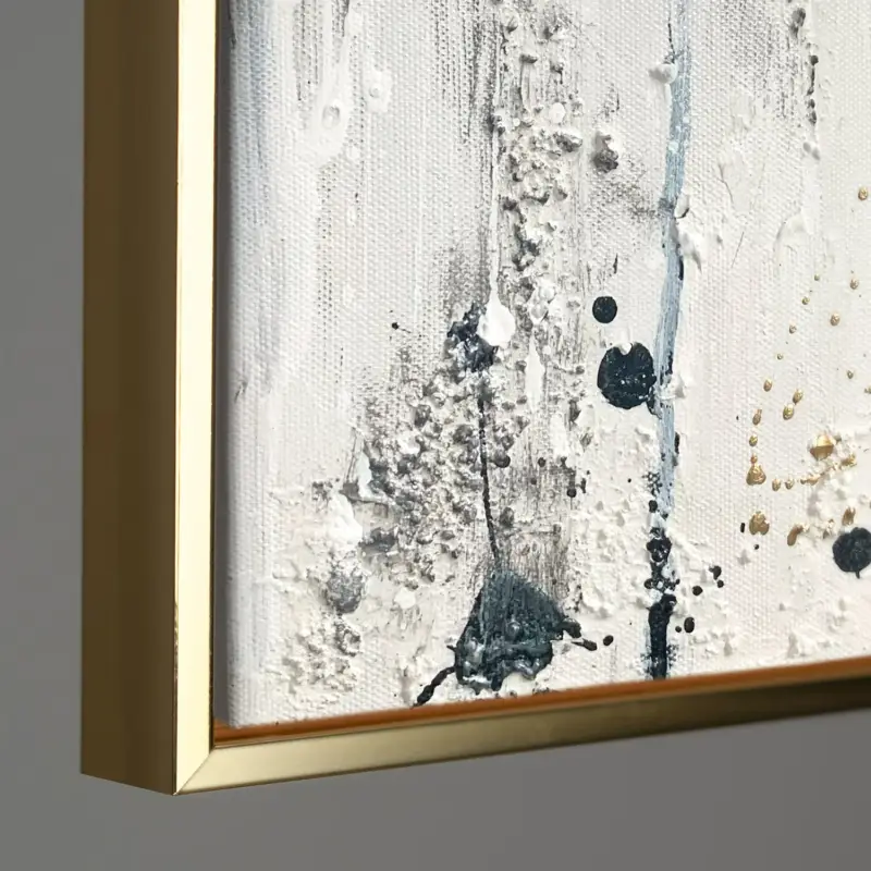 Abstract canvas schilderij met lijst "Energie van Lijnen" – Monochrome kunst met goud - 140x100 Zwarte lijst / Gold Rahmen / Vertikal Dernière Chance