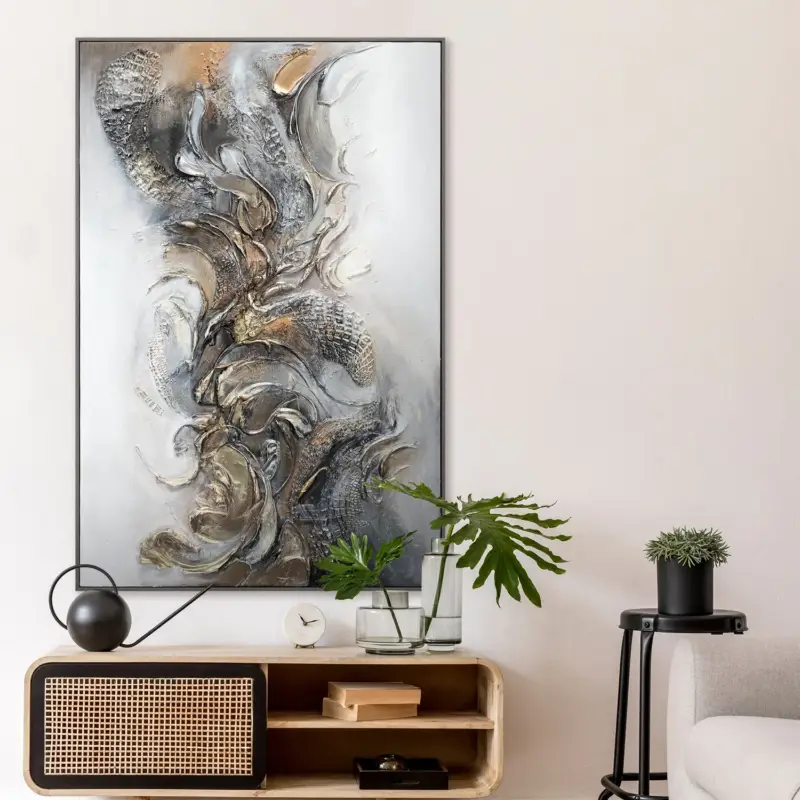 Abstract acryl schilderij kopen – Gratis verzending, 3D-visualisatie & handgemaakt in Duitsland - 120x80 Grau Rahmen Dernier Modèle
