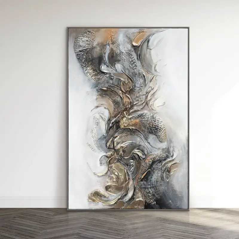 Abstract acryl schilderij kopen – Gratis verzending, 3D-visualisatie & handgemaakt in Duitsland - 140x100 Grau Rahmen Prix Bas