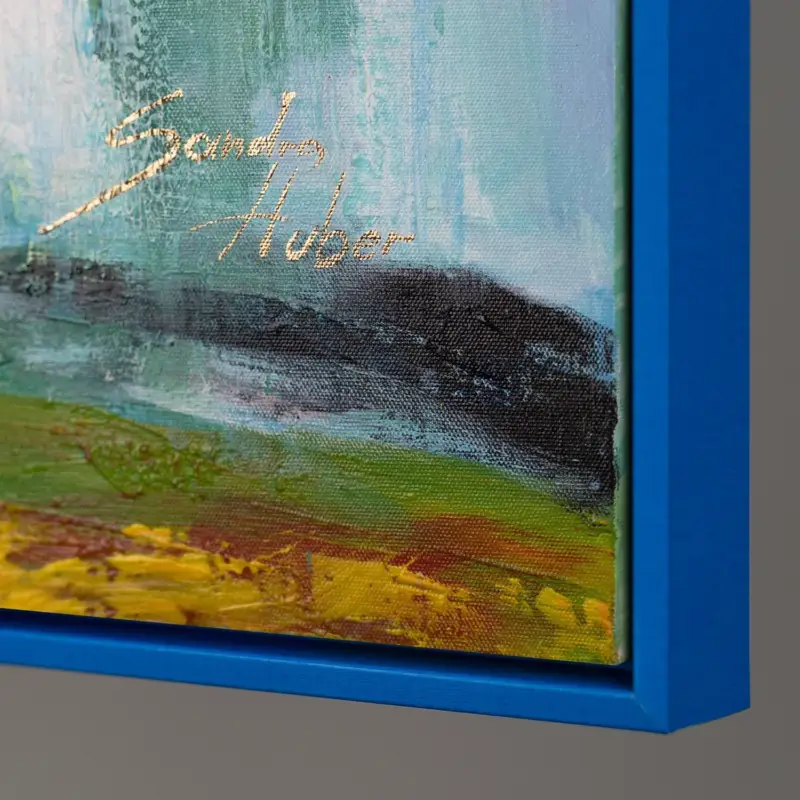 Vente Flash Acryl schilderij met lijst "Zonnebloemboeket" bloemen in levendige kleuren - 140x100cm met blauwe lijst