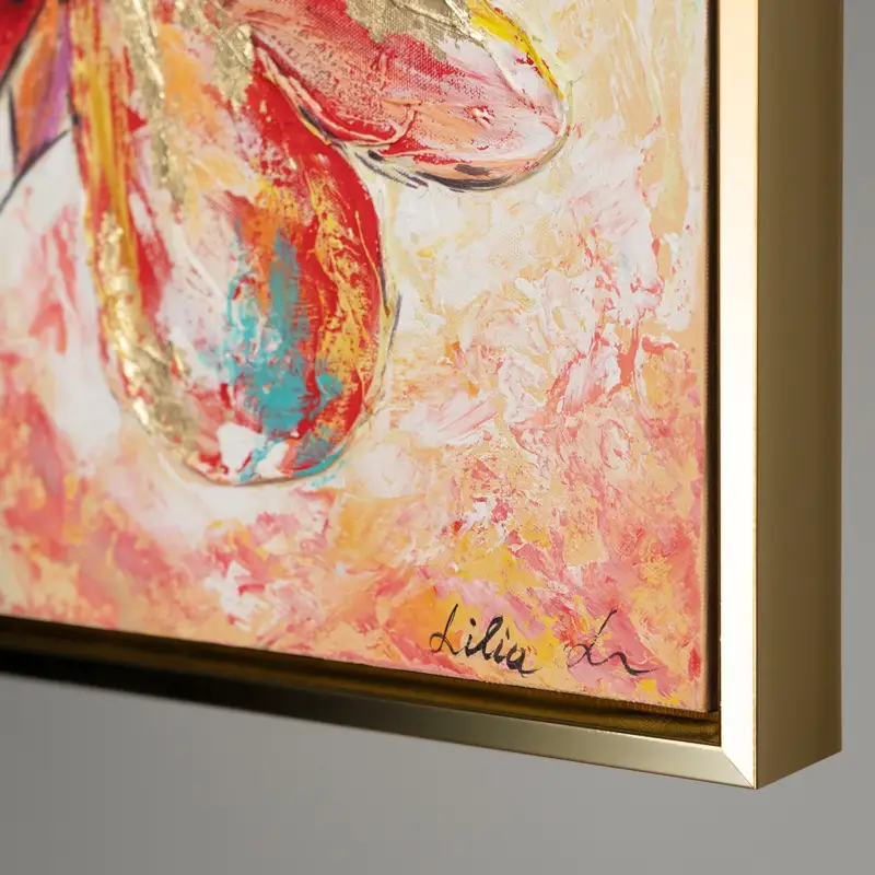 Vente Flash Abstracte bloemen schilderij – Handgeschilderd acryl op canvas 'Schöne Blumen' - met gouden frame 200x100cm