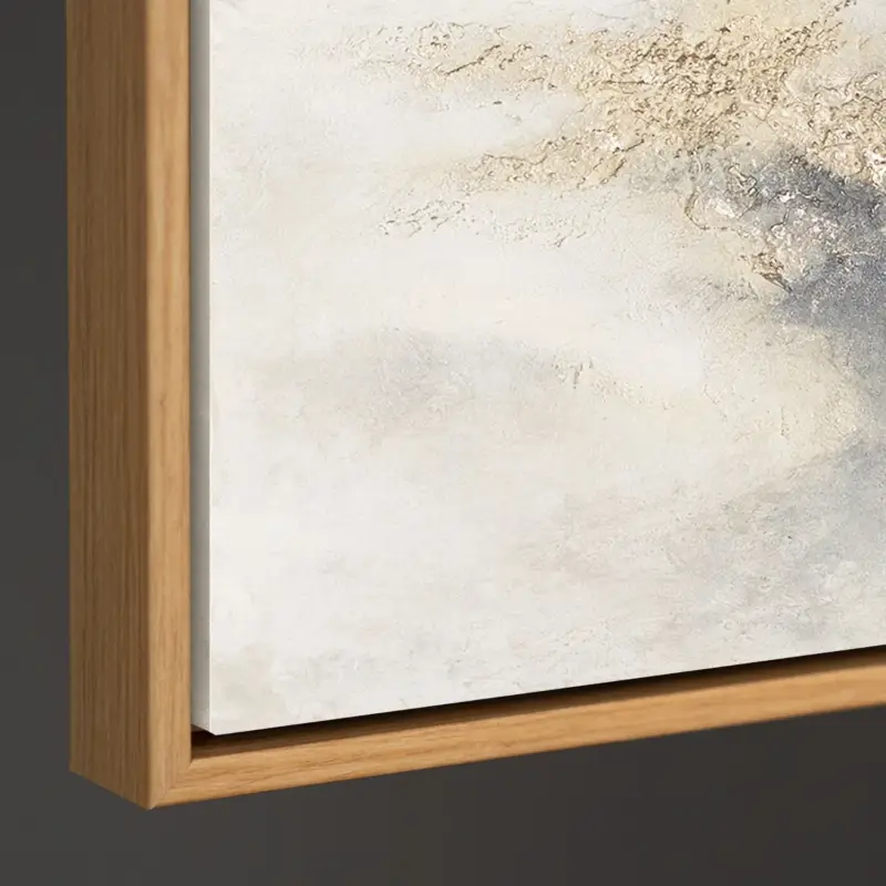 Top Vente Handgeschilderd acryl schilderij in grijs & goud – Abstracte wanddecoratie „Wolkenmelodie” - 140x100 houtlook lijst