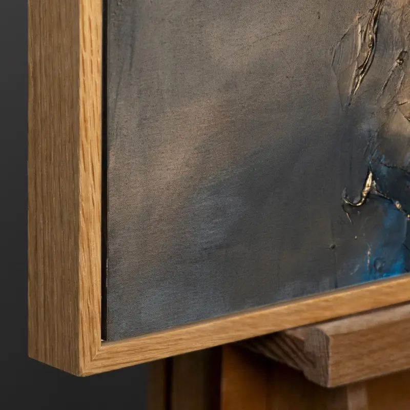 Usine Directe Moderne abstracte kunst met lijst "Elegante abstractie" Handgeschilderd schilderij met gouden accenten - 140x100 mit Natur Holz Rahmen